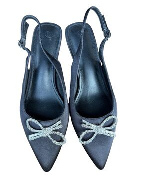 Women's Black Satin Slingback Pointed Toe Heels with Rhinestone Bow Size 8